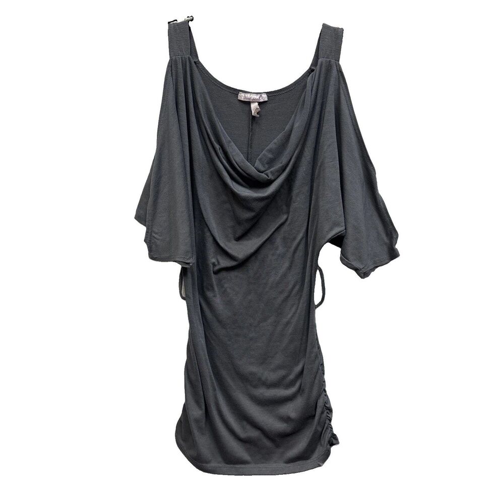 Wet Seal Gray Bodycon Mini Dress M USA Y2K Ruched Slit Cold Shoulder Stretch